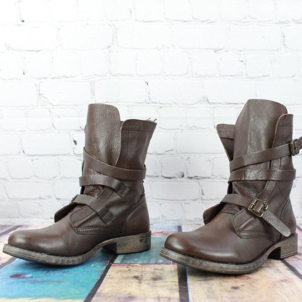 Diba True Brown Leather Triple Buckle Mid Calf Moto Boots Size 6.5 - Picture 2 of 9